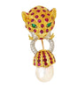 22K Gold Leopard Head Brooch - Emerald, Ruby, Diamond & Baroque Pearl