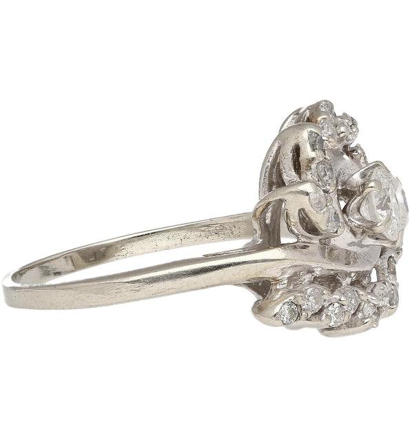 0.45 Carat Old European Cut Diamond Halo 14K White Gold Floral Engagement Ring
