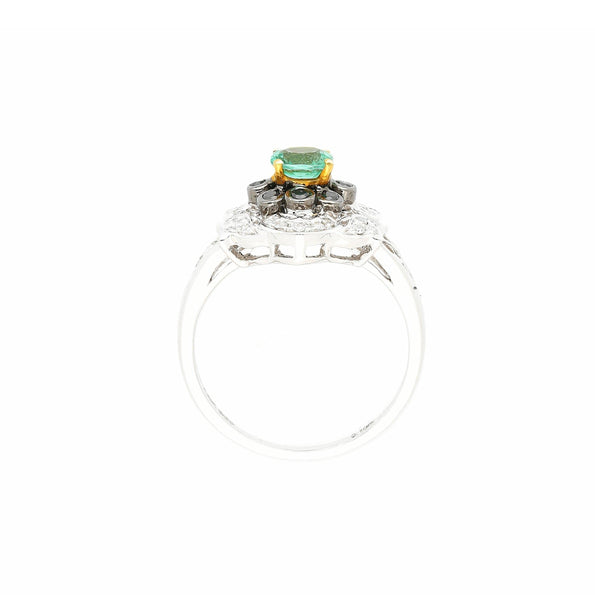 0.48 Carat Cushion Cut Emerald with Black and White Diamonds 14k White Gold Ring