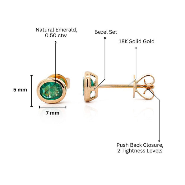0.50 Carat Oval Emerald Bezel Set 18K Gold Stud Earrings