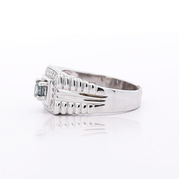 0.74 Carat Blue & White Diamond White Gold Ribbed Men's Ring