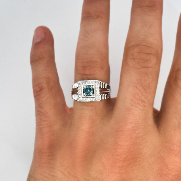 0.74 Carat Blue & White Diamond White Gold Ribbed Men's Ring