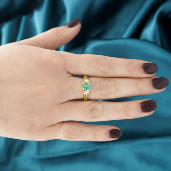 0.75 Carat Oval Cut Emerald & Diamond 3 Stone 14k Ring