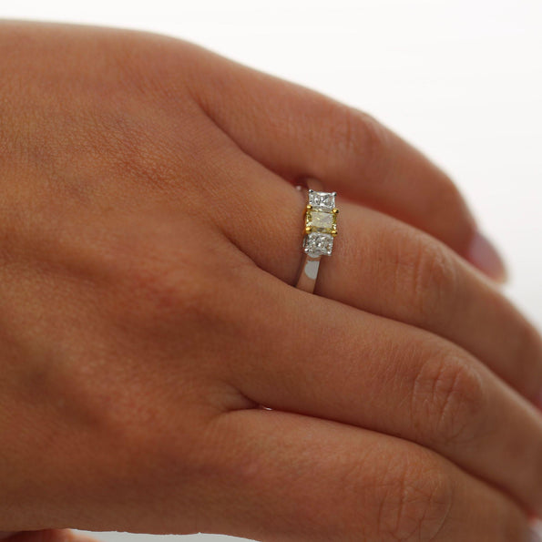 0.87 Carat Yellow and White Diamond Princess Cut 18K 3 Stone Ring