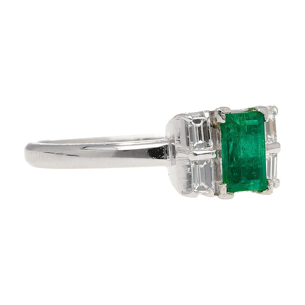 0.98 Carat Baguette Colombian Emerald, Diamond Platinum Thin Ring