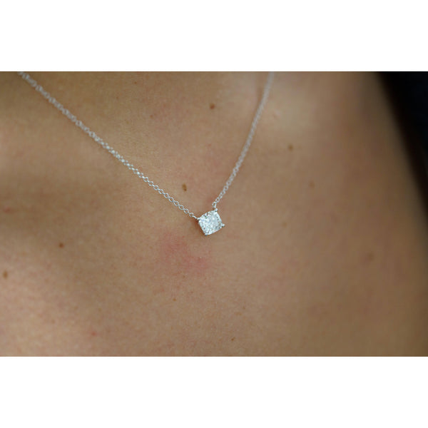 1 Carat Cushion-Cut Lab Grown Diamond Solitaire Pendant Necklace in 14K White Gold 16 Inch Chain