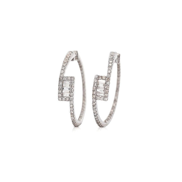 1 Carat Round and Baguette Diamond Bypass Hoop White Gold Earrings