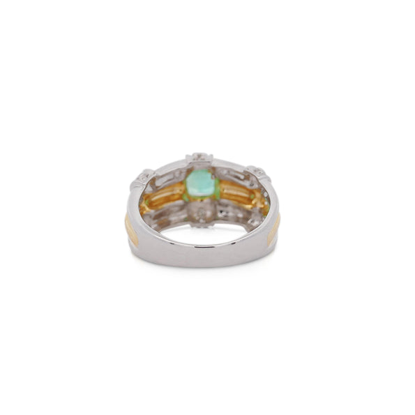 1 Carat Square Cut Emerald and Diamond Platinum & 18K Gold Ribbed Ring
