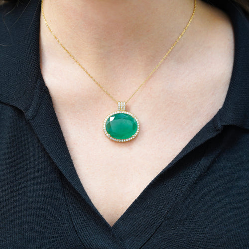 28.56 Carat Oval Cut Emerald & Diamond Halo 18K Gold Pendant Necklace