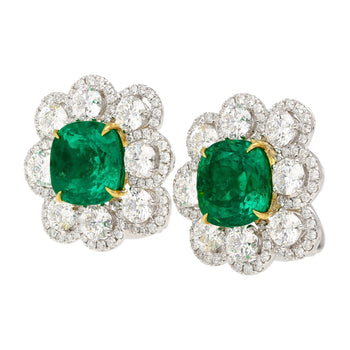 10 carats Émeraude colombienne certifiée GRS, boucles d’oreilles en diamant taille Coussin, léger huilage – Assay Jewelers