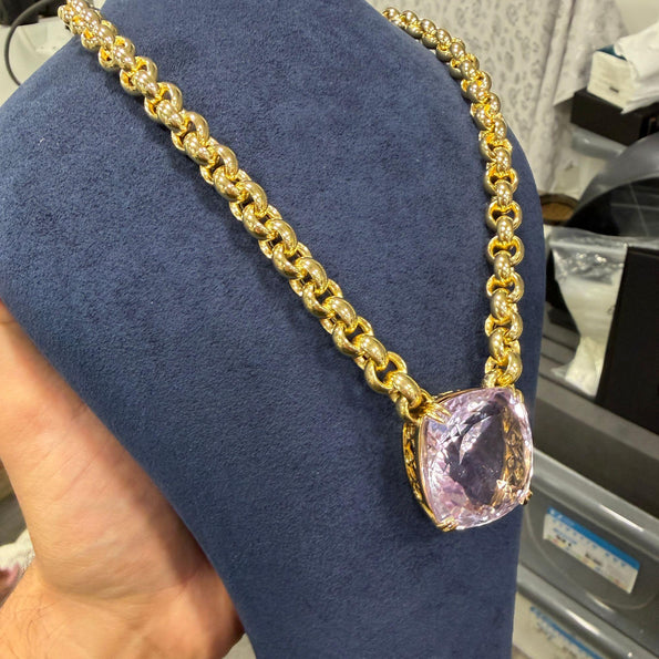 106.63 Carat Pink Amethyst Cushion 18K Gold Solitaire Chain Necklace