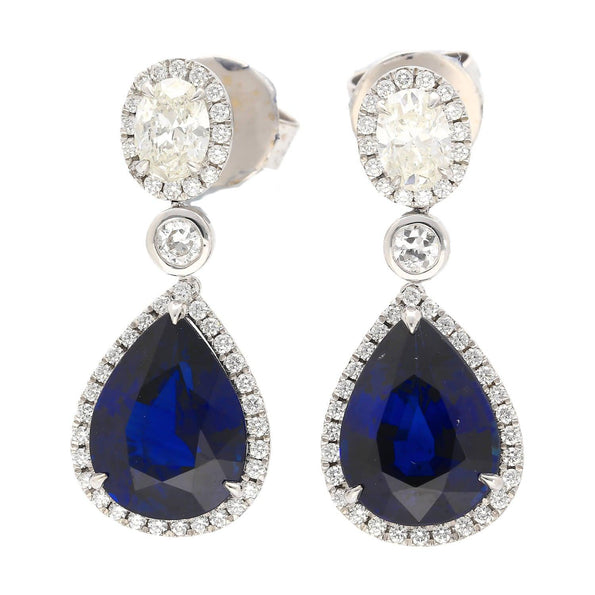 Boucles d’oreilles pendantes en or blanc 18K avec saphir bleu de 10,38 carats et diamants