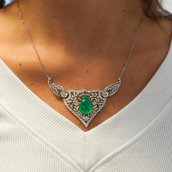 11ct Cabochon Drop Emerald Diamond Floral Platinum Necklace