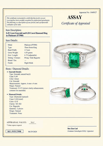 1/2 Carat Emerald and Baguette Diamond 3 Stone Platinum Ring – Assay Jewelers
