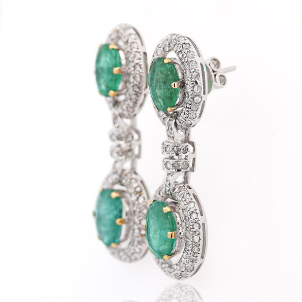 12 Carat Natural Oval Emerald & Rose-Cut Diamond Drop Earrings in 18K White Gold