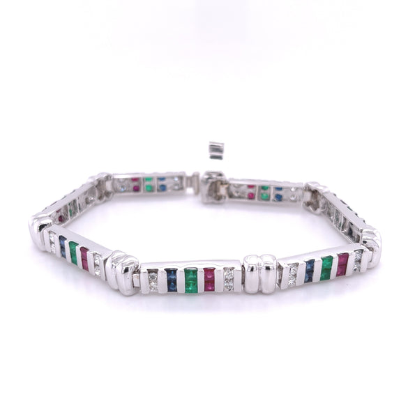 Bracelet en or blanc 18K serti de diamant, rubis, émeraude et saphir de 12 carats