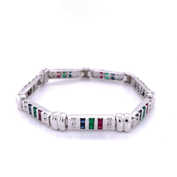 Bracelet en or blanc 18K de 12 carats avec diamants, rubis, émeraudes et saphirs