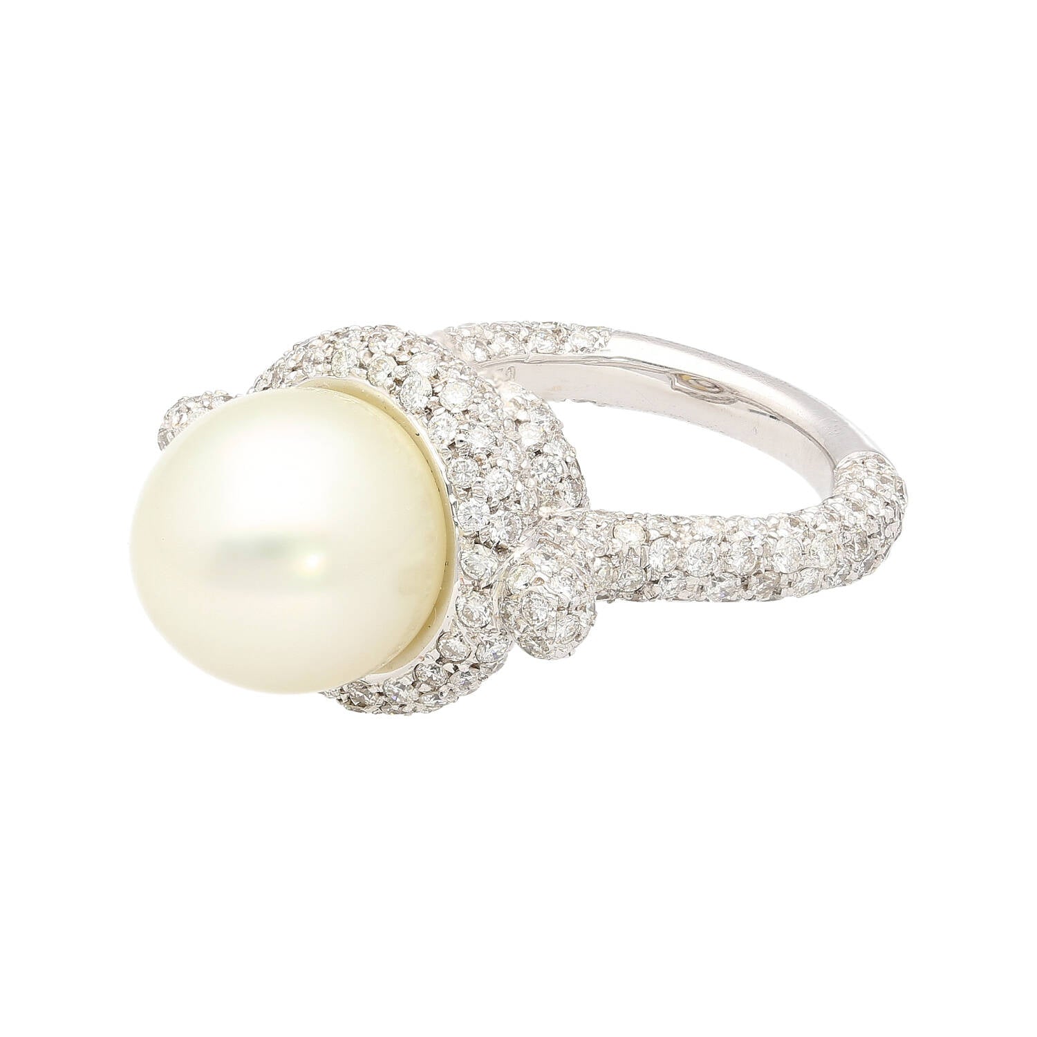 12.3MM SouthSea White Pearl and Round Cut Pave Diamond Ring in 18k White Gold