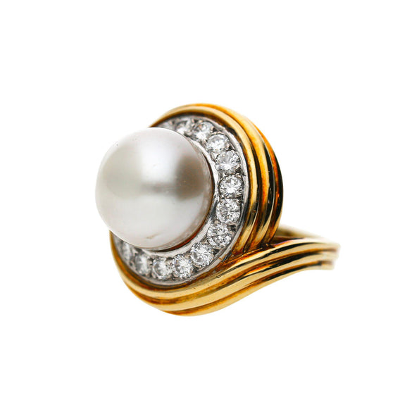 12mm South Sea Pearl 4.26 Carat Diamond 18K Two-Tone Gold Ring and Earring Set