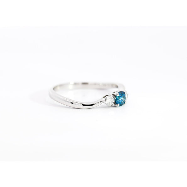 1/3 CTW Natural Blue and White Diamond Curved Mini Three Stone Ring in 14K White Gold