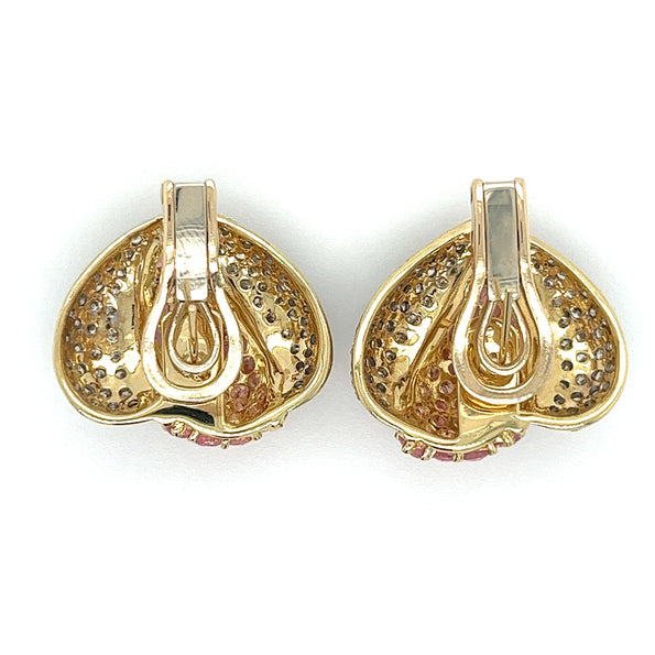 14K Gold Pink Sapphire and Diamond Heart Shaped Cluster Clip On Earrings