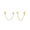 14K Gold Star and Moon with Connecting Chain Double Stud Earrings