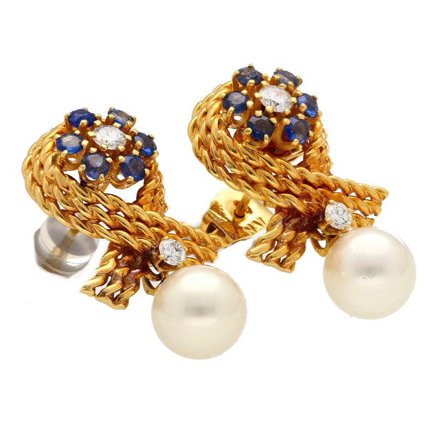 14K Boucles d’oreilles puces motif ruban texturé avec perle naturelle, diamant et saphir