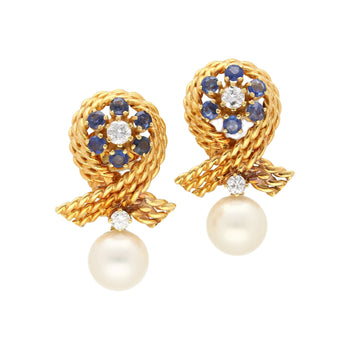 14K Gold Textured Ribbon Motif Natural Pearl, Diamond and Sapphire Stud Earrings – Assay Jewelers