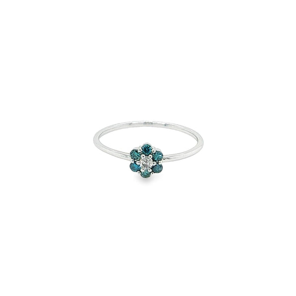Bague fleur marguerite en or blanc 14 carats avec diamants bleus et blancs, 1 mm