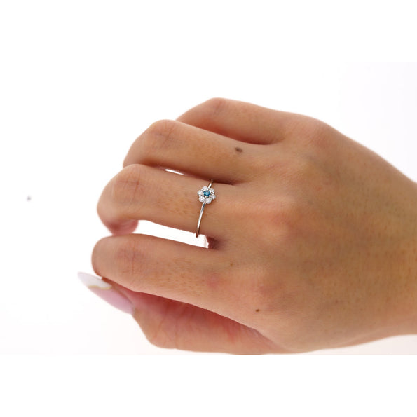 Bague fleur marguerite en or blanc 14K avec diamants bleus et blancs de 1 mm