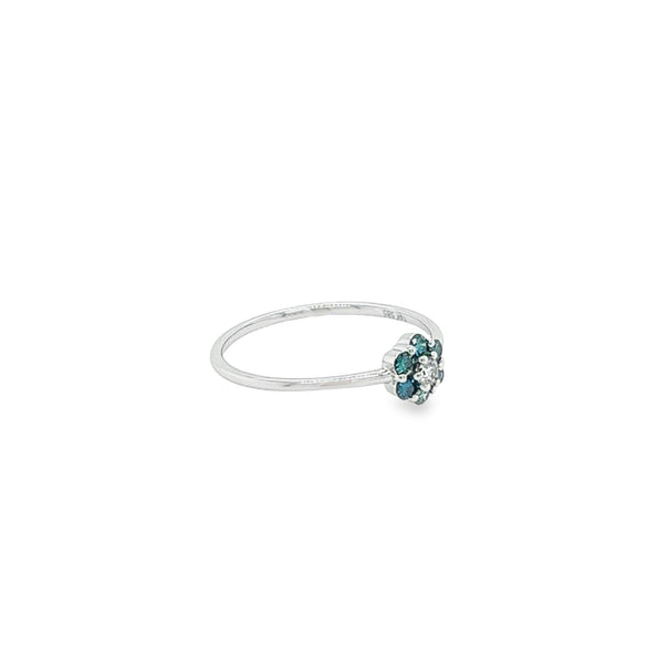 Bague marguerite en or blanc 14K, diamants bleus et blancs 1 mm