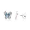 Earring clou motif papillon en or blanc 14K pavé de diamants bleus et blancs