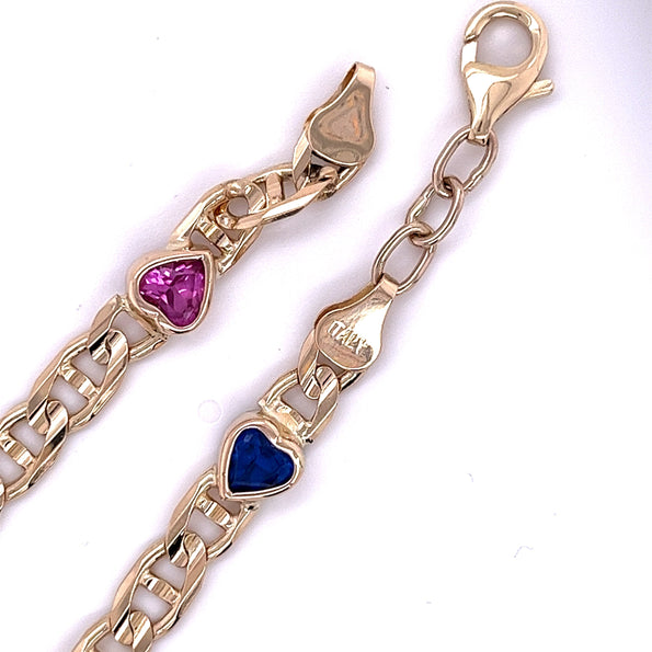 Bracelet breloque cœur en or jaune 14 carats avec pierres multigemmes | Saphir rose/bleu, péridot, citrine, rubis