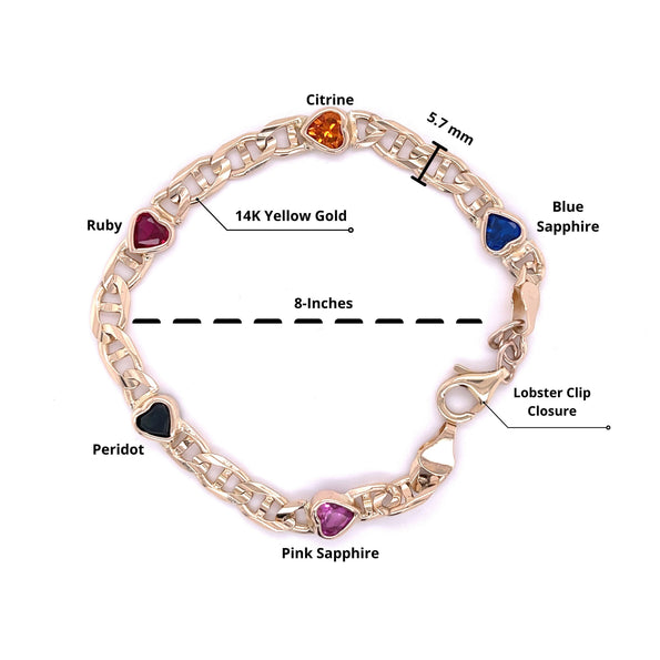 alt
Bracelet à breloques cœur en or jaune 14K avec pierres précieuses multicolores | saphir rose/bleu, péridot, citrine, rubis