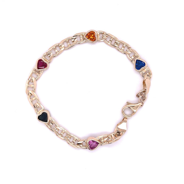 Bracelet à breloques cœur en or jaune 14K avec pierres précieuses multiples | saphirs rose/bleu, péridot, citrine, rubis