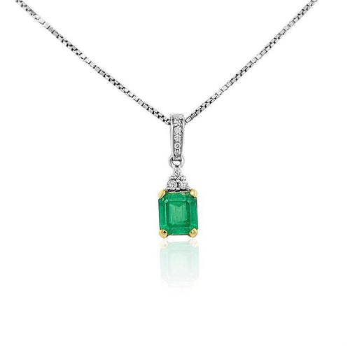 14k Gold Colombian Emerald and 3 Round Diamond Top Pendant Necklace