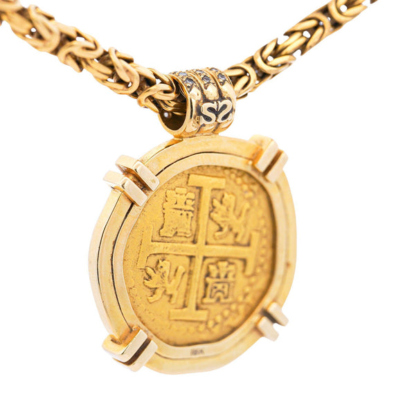 1712 Spanish 8 Escudo Cob Coin 1715 Fleet Wreck 22K & 18K Gold Pendant Necklace