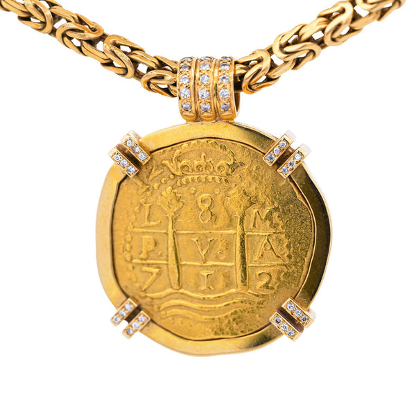 1712 Spanish 8 Escudo Cob Coin 1715 Fleet Wreck 22K & 18K Gold Pendant Necklace