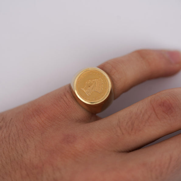 1856 Lady Liberty 1 Dollar Coin in 10K Gold Bezel Unisex Signet Ring