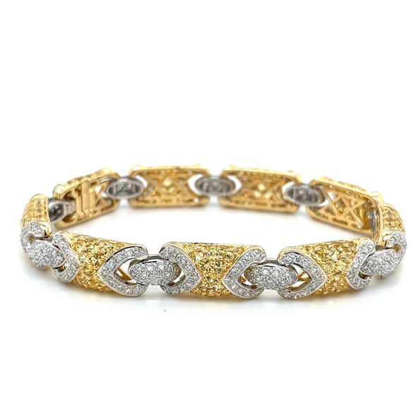 Bracelet bicolore en or 18K, serti pavé, avec diamants naturels taille ronde et saphirs jaunes