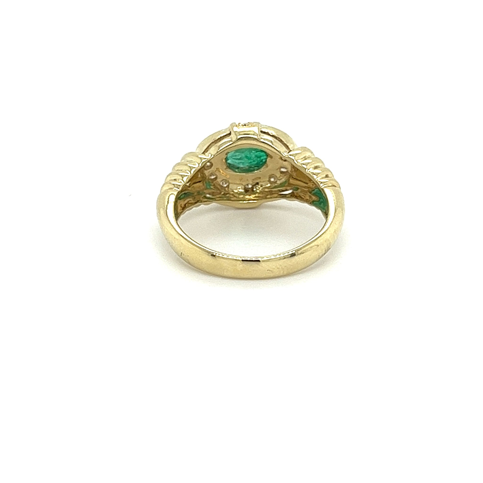18K Solid Gold Oval Cut Natural Emerald Ring in Textured Ribbed Gold & Diamond Halo