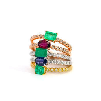 18K Solid Gold Thin Ribbed Textured Band Emerald, Ruby, Or Sapphire Ring – Assay Jewelers