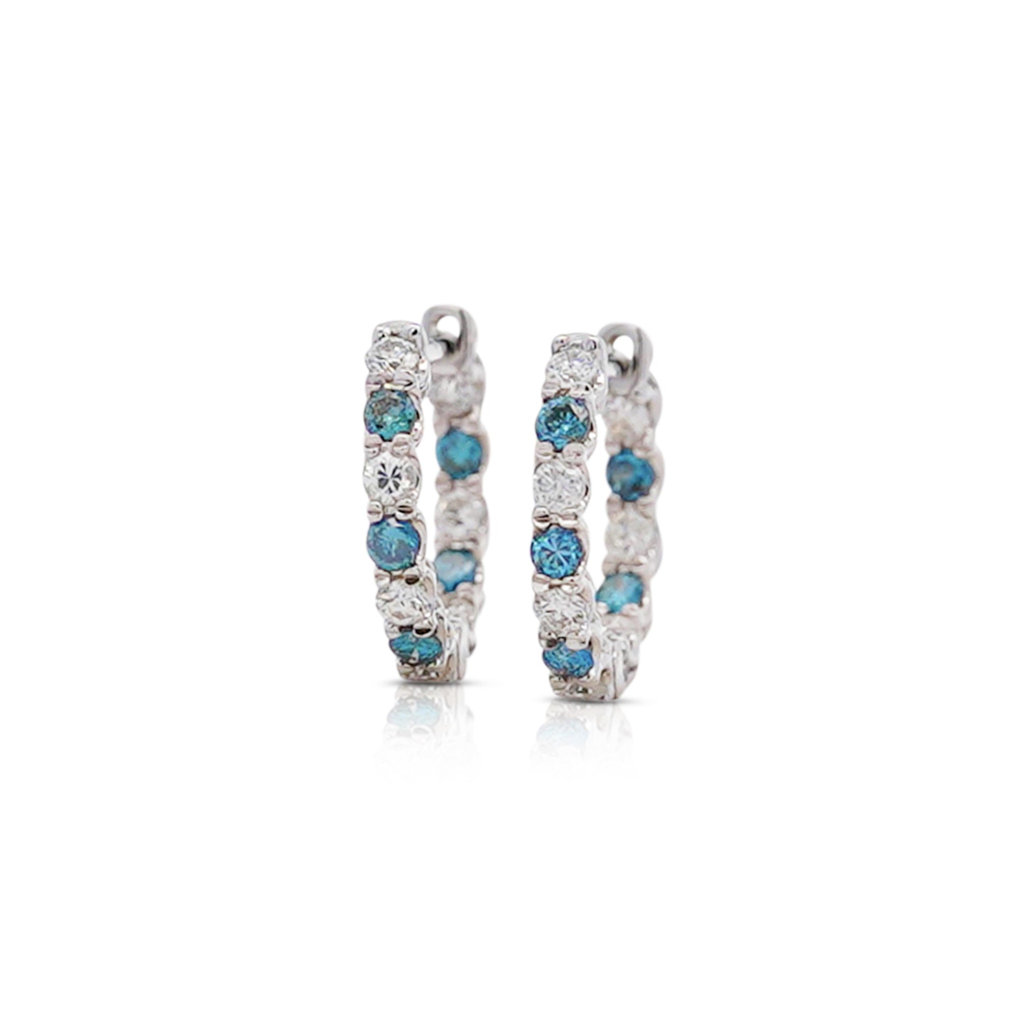 18K White Gold 0.50 CT Blue & White Diamond Inside Out Huggie Hoop Earrings