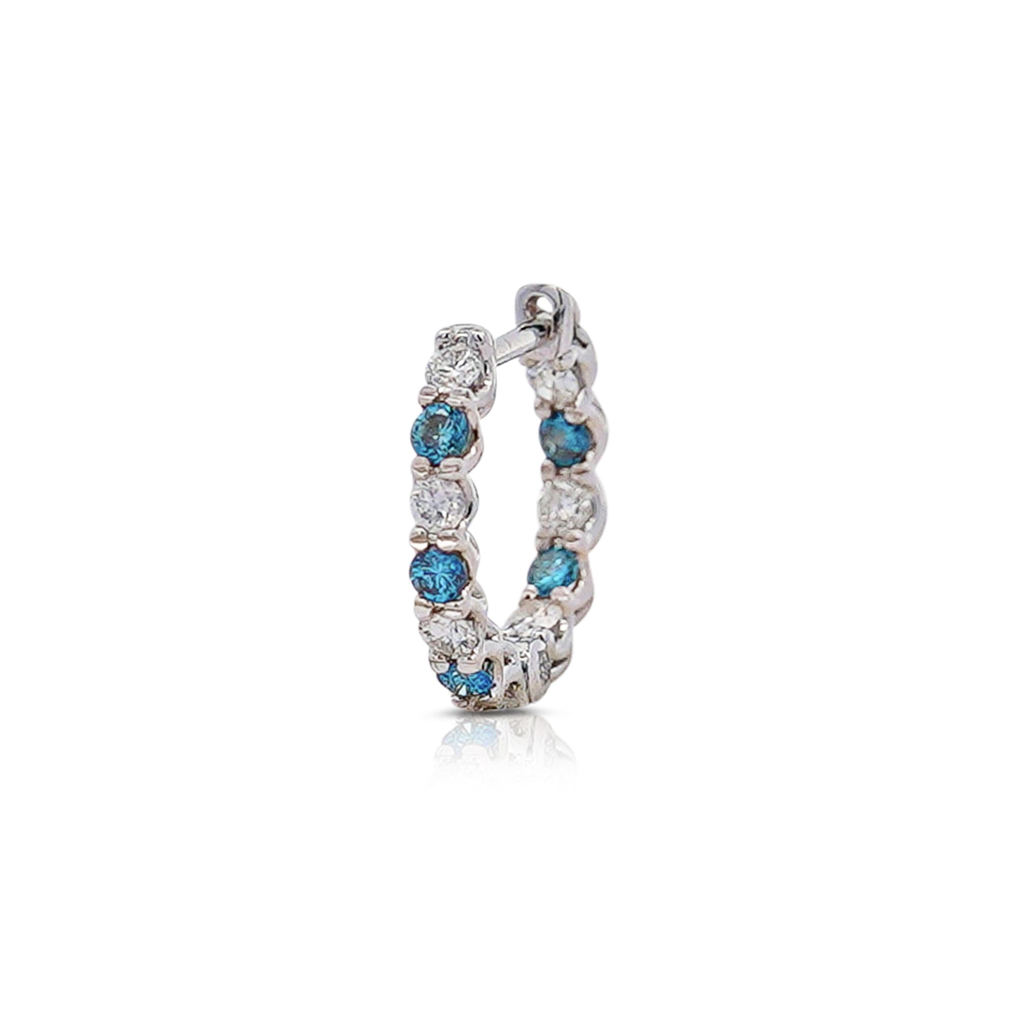 18K White Gold 0.50 CT Blue & White Diamond Inside Out Huggie Hoop Earrings