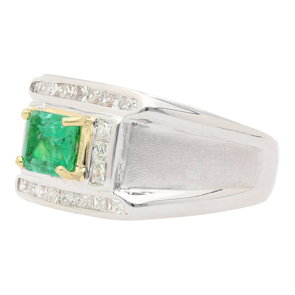 18K White Gold Emerald and Princess Cut Diamond Men's Ring