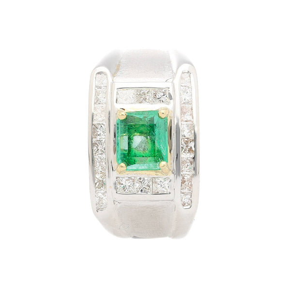 18K White Gold Emerald and Princess Cut Diamond Men's Ring