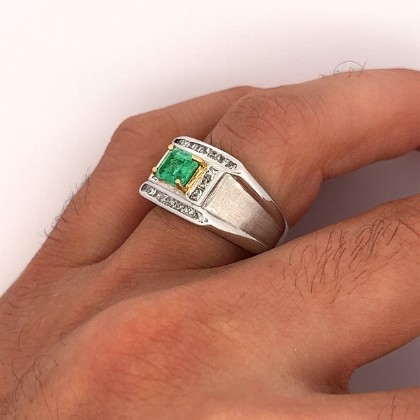 18K White Gold Emerald and Princess Cut Diamond Men's Ring