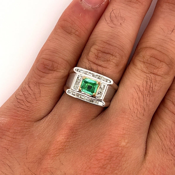 18K White Gold Emerald and Princess Cut Diamond Men's Ring