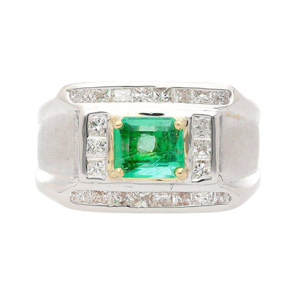 18K White Gold Emerald and Princess Cut Diamond Men's Ring