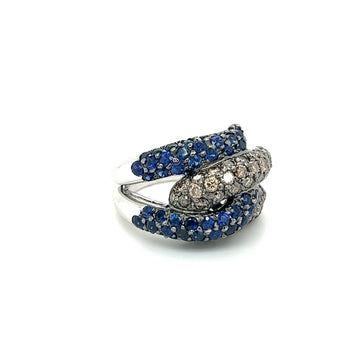 Ring cluster a 4 file con pavé in oro bianco 18K, zaffiro blu naturale rotondo e diamante marrone – Assay Jewelers